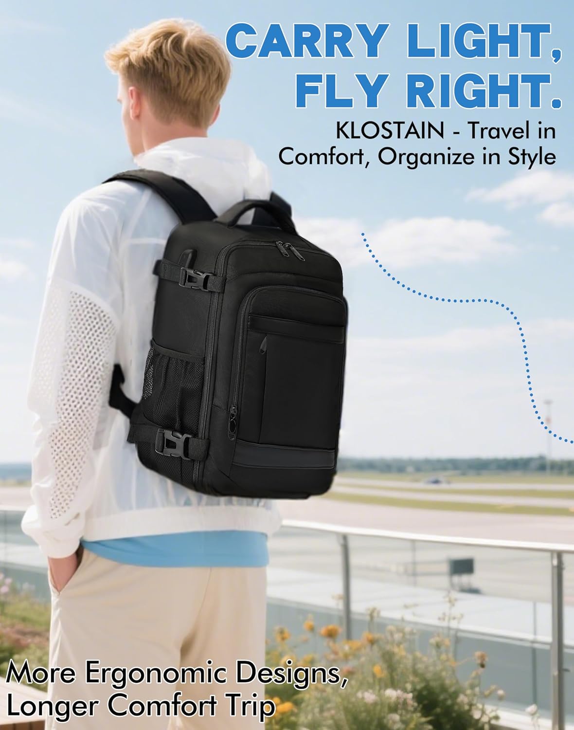 Detalle de KLOSTAIN Ryanair cabin bag 40x30x20 underseat 24L with laptop compartment (black)
