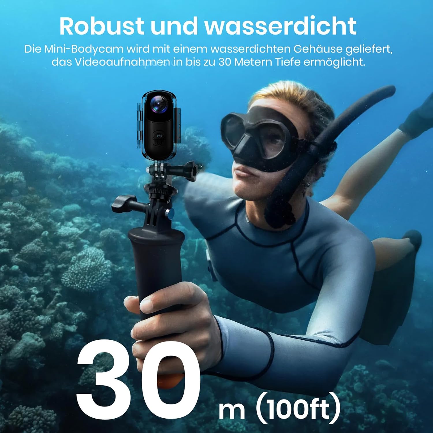 Detalle de Hiwoor Action Cam – Mini Bodycam mit 120° Weitwinkel, IP68 bis 30 m, 150 Min. Akku, 64 GB TF & umfangreichem Zubehör
