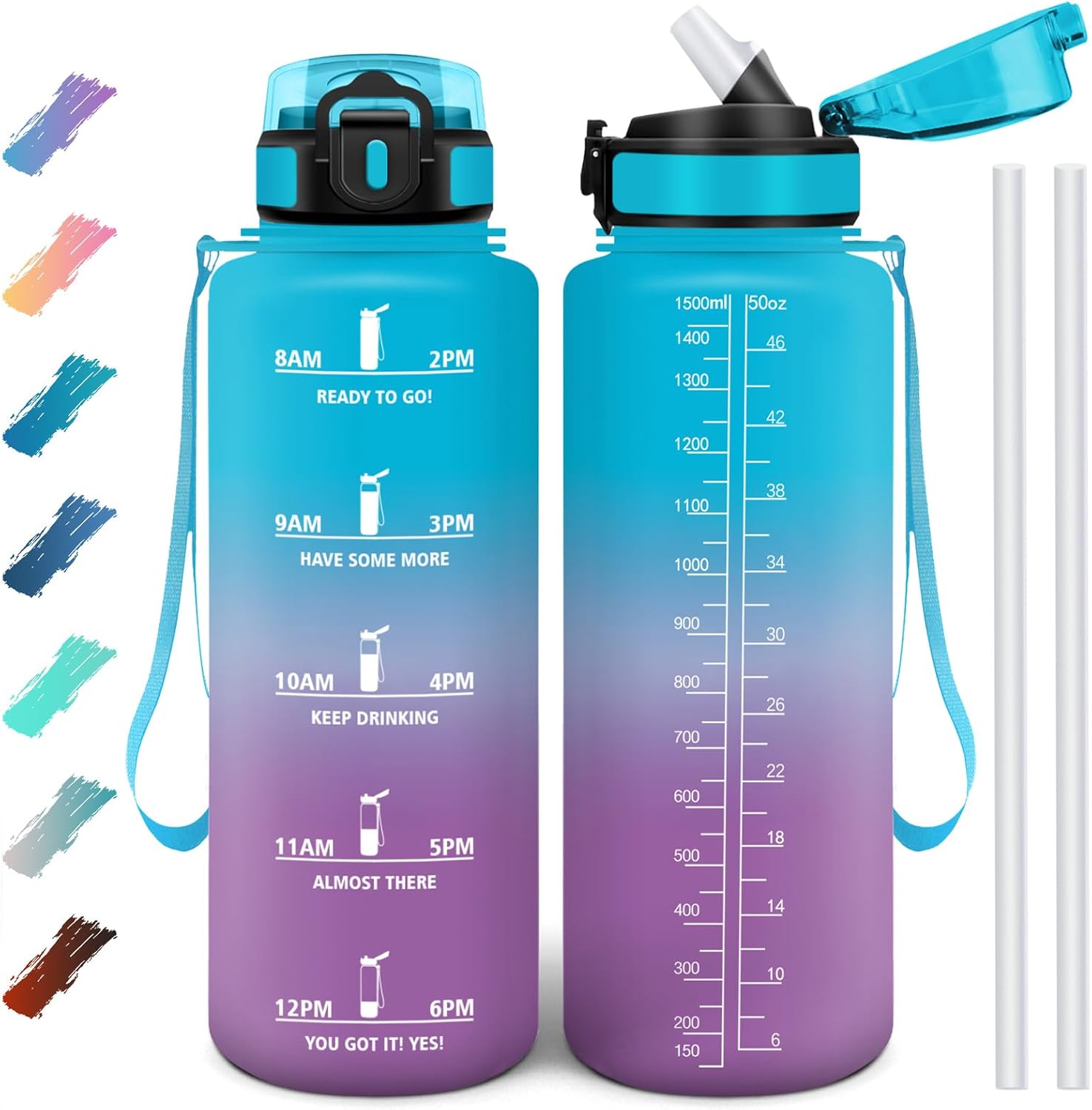 Motswedi Gourde à paille 1500 ml sans BPA (bleu ciel & violet pâle) – étanche, ouverture une main