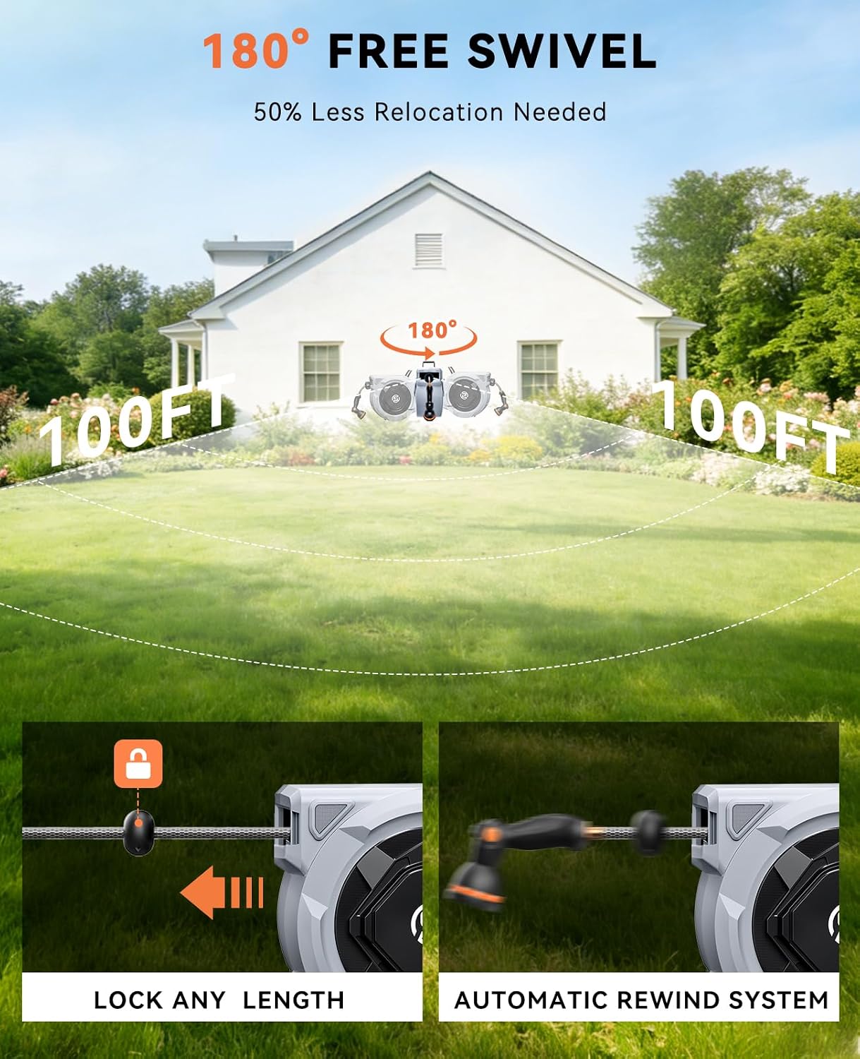 Detalle de SUNPOW Retractable Garden Hose Reel, 1/2 in x 100 ft, 10-Pattern Nozzle