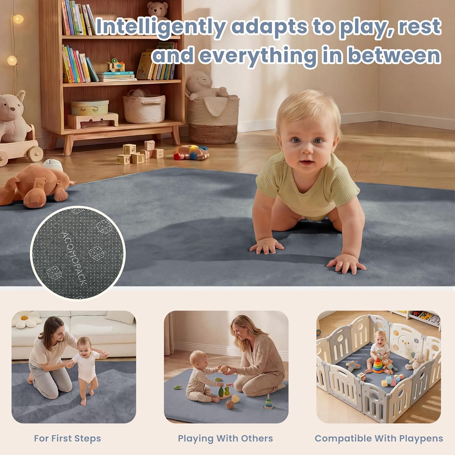 Thumbnail 5 de ACOMOPACK 1.3" Thick Baby Play Mat for Floor 59x71 – Water-Repellent, Non-Slip Memory Foam, Grey