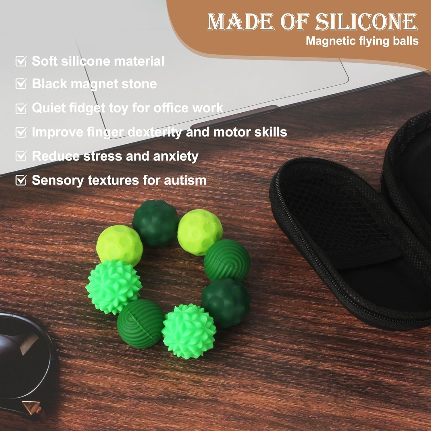 Thumbnail 4 de Lot de 8 balles fidget magnétiques en silicone (texturées) : jouets anti-stress sensoriels