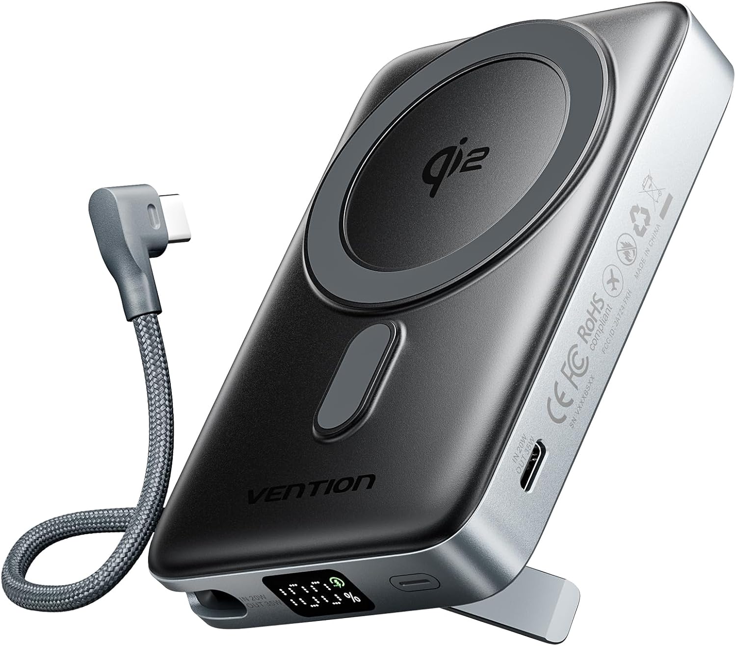 Detalle de VENTION Powerbank MagSafe 10000mAh Qi2 15W con USB-C PD 35W: ricarica magnetica, display LED e cavo integrato