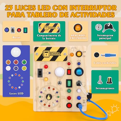 Detalle de Hoarosall Busy Board: Tablero de Actividades Montessori de Madera con 10 Interruptores y 23 LEDs
