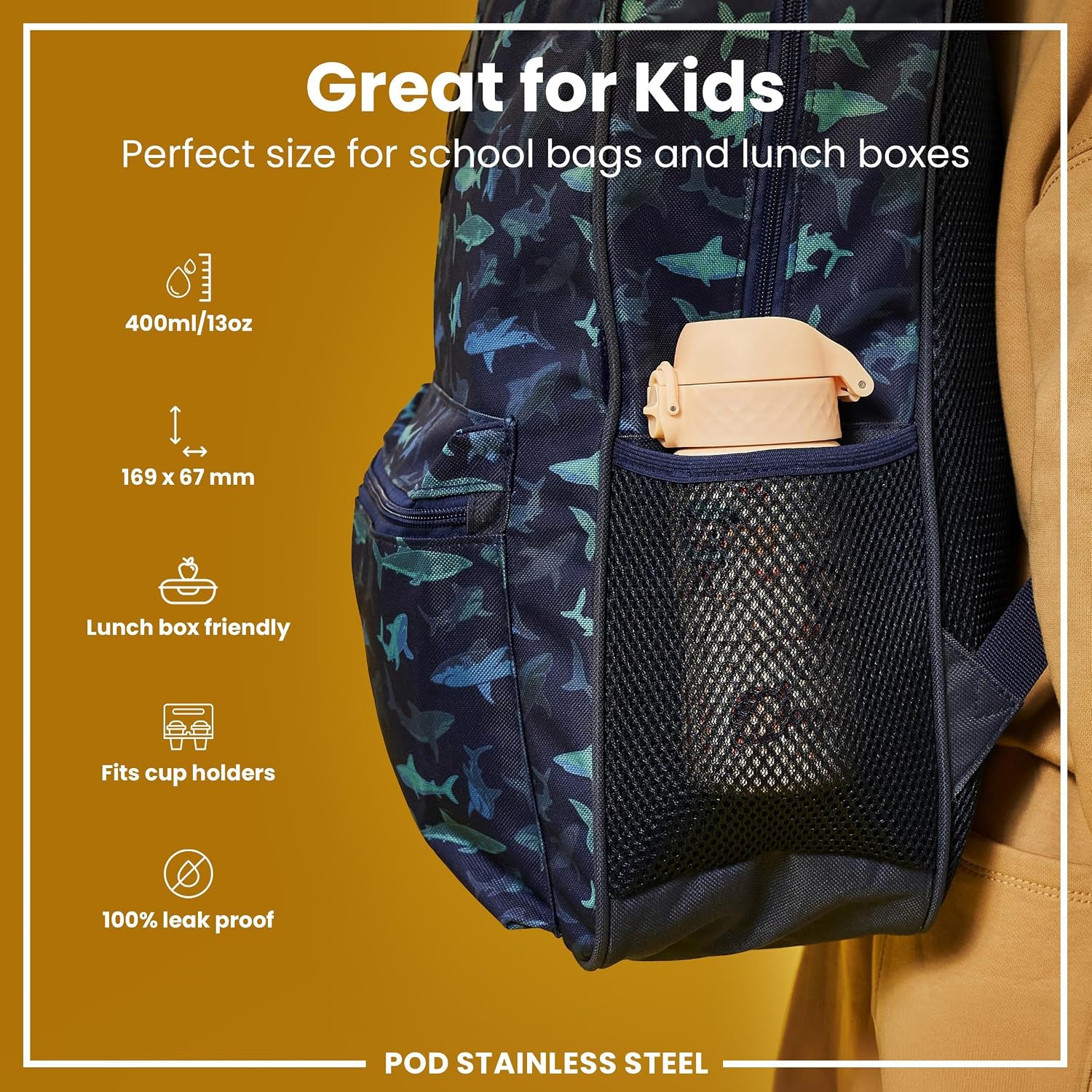 Detalle 2 de Ion8 Lightweight Steel Kids Water Bottle (400ml/13oz) in Cream – Leak Proof, Non‑Insulated, Dishwasher Safe