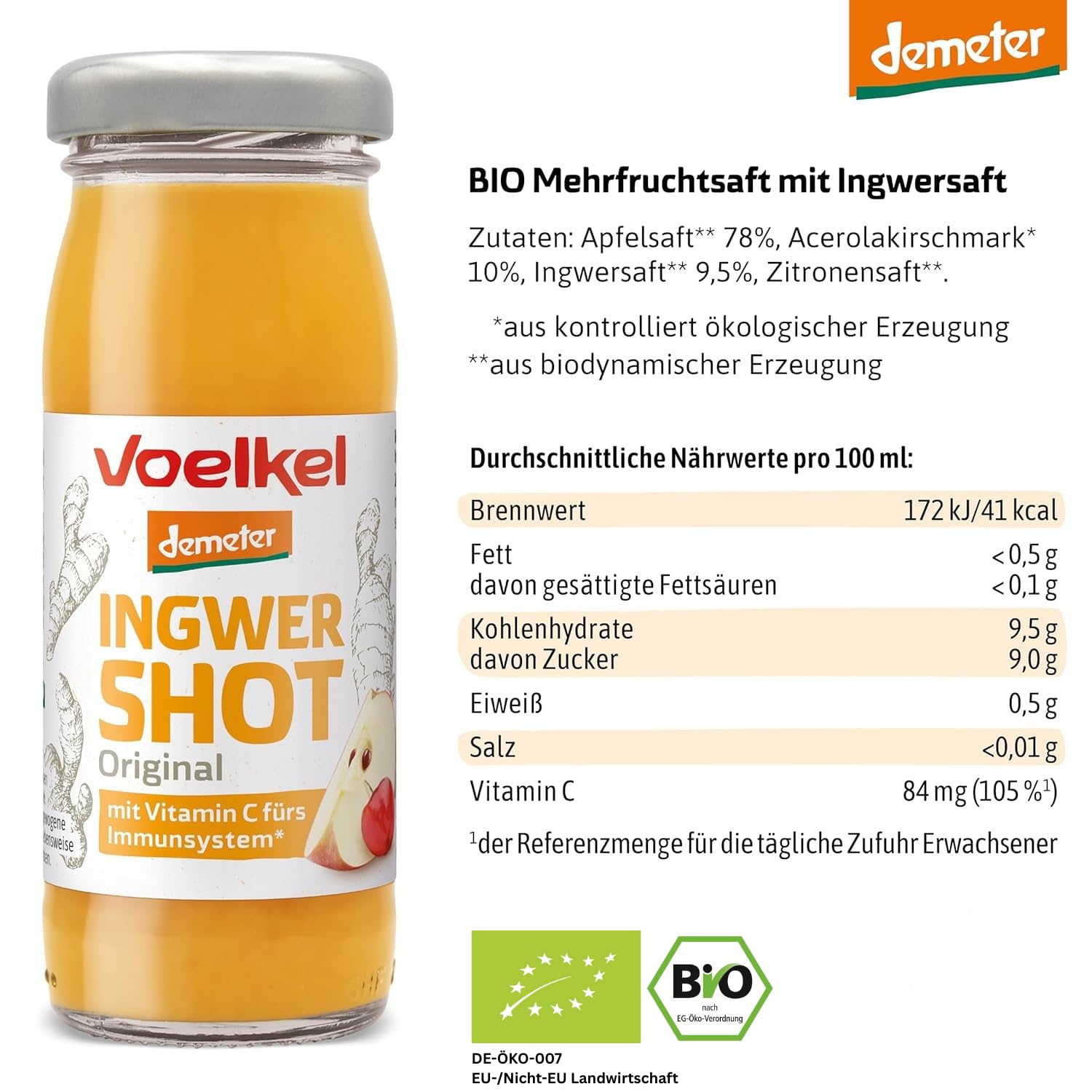 Detalle 2 de Voelkel Bio Ingwer Shot Original mit Vitamin C – Demeter-Qualität im 16er-Pack
