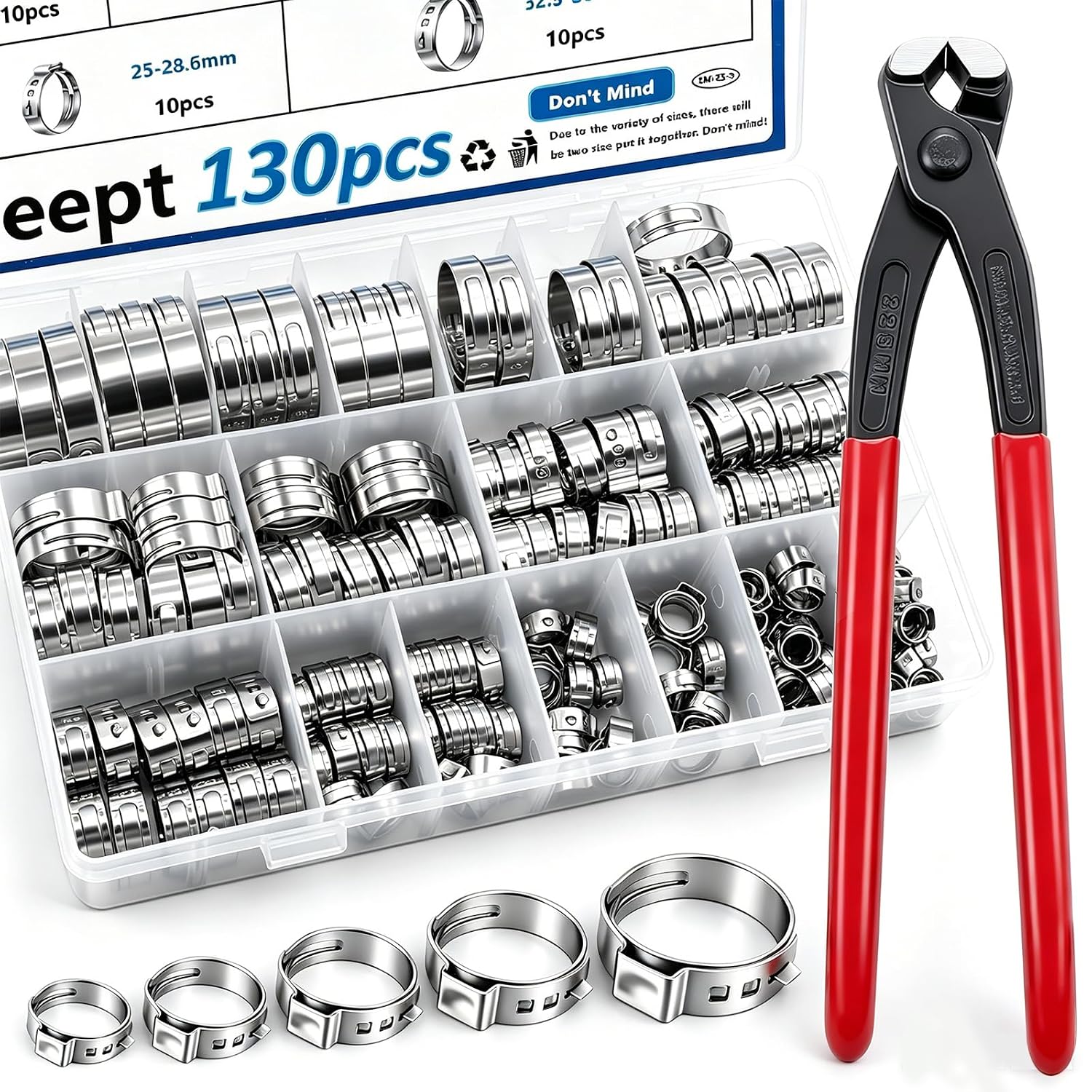 Thumbnail 6 de Seept 115Pcs 10-Sizes 304 Stainless Steel Single Ear Hose Clamps with Ear Clamp Pliers (6-28.6mm) - Crimp Hose Clamp Kit