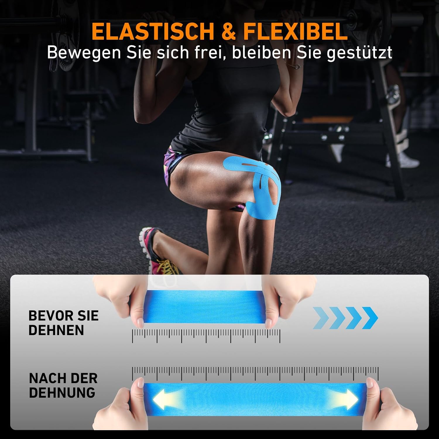 Detalle de PreCut Kinesiotapes Kinesiologie-Tapes (vorgeschnitten) für Knie – wasserfest, elastisch & hautfreundlich, 10 Streifen – blau