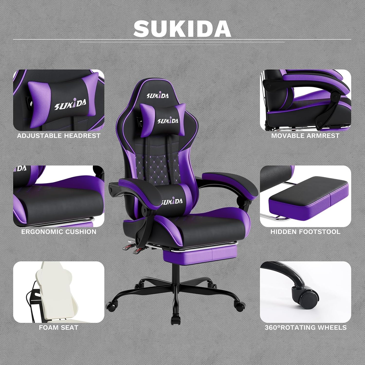 Thumbnail 4 de SUKIDA Gaming Chair: Ergonomic Comfort with Footrest and Massage Lumbar Support