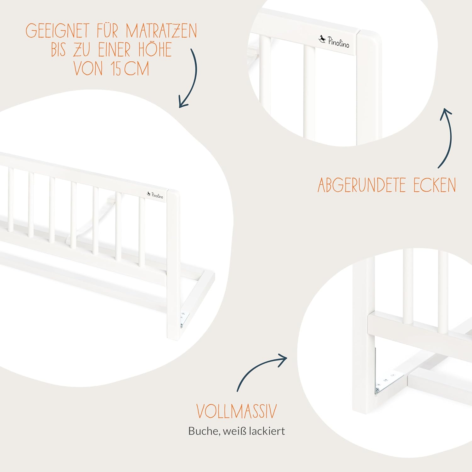 Detalle de PINOLINO Bettschutzgitter Classic – Rausfallschutz für Kleinkinderbetten, L 90 cm × B 32 cm × H 36 cm, weiß lackiert