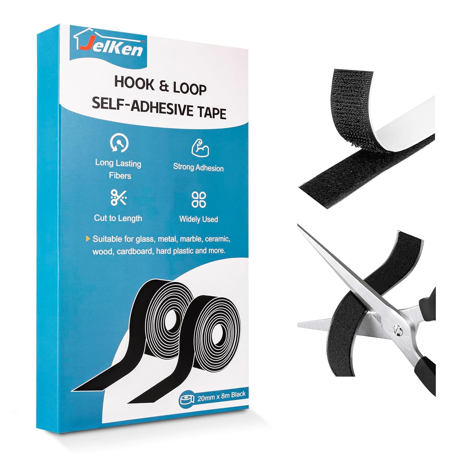 Detalle de JelKen Hook and Loop Tape (20mm x 8m) – Heavy Duty Double Sided Self-Adhesive Strips, Cut-to-Length (Black)