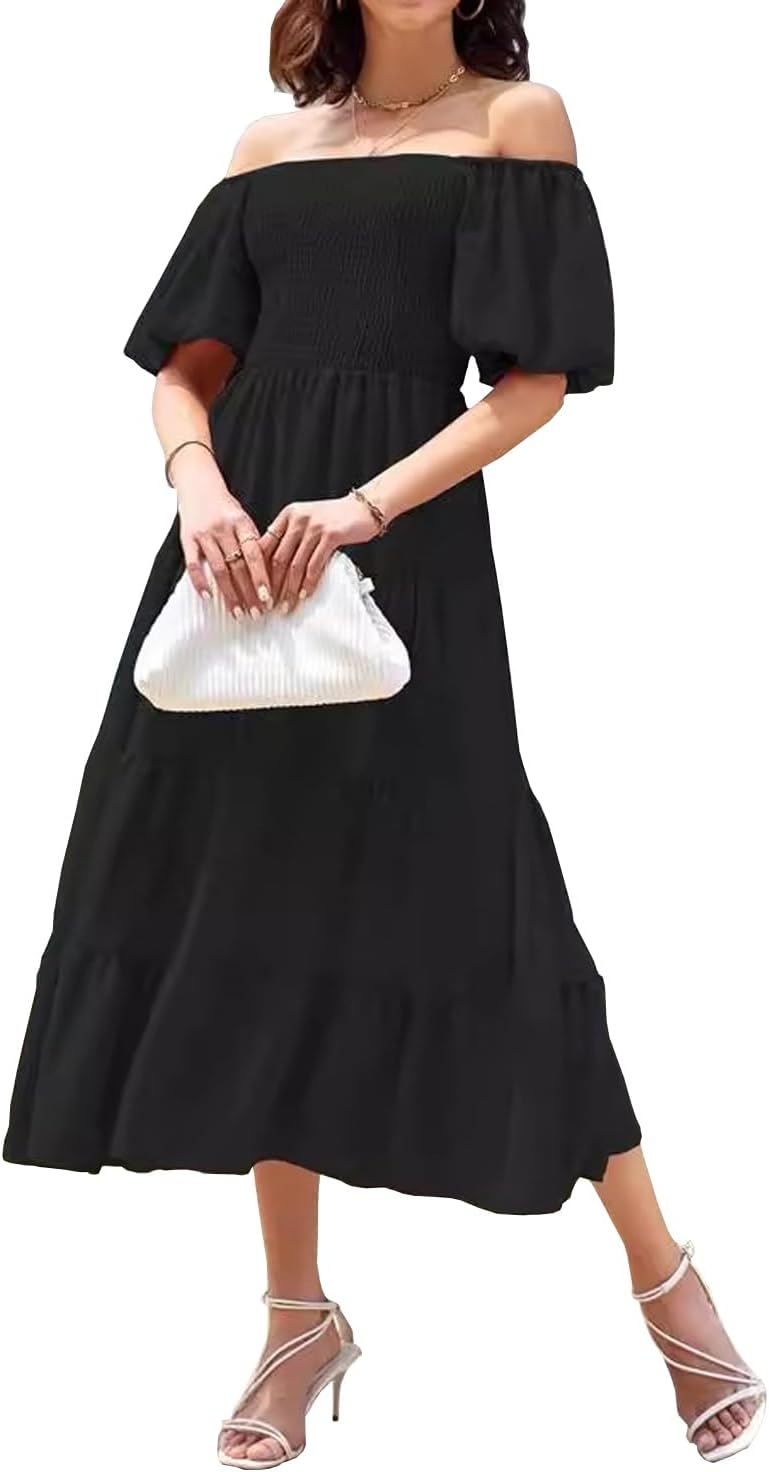 Thumbnail 6 de Vcindai Damen A-Linie Kleid – Sommer Midi mit Puffärmeln