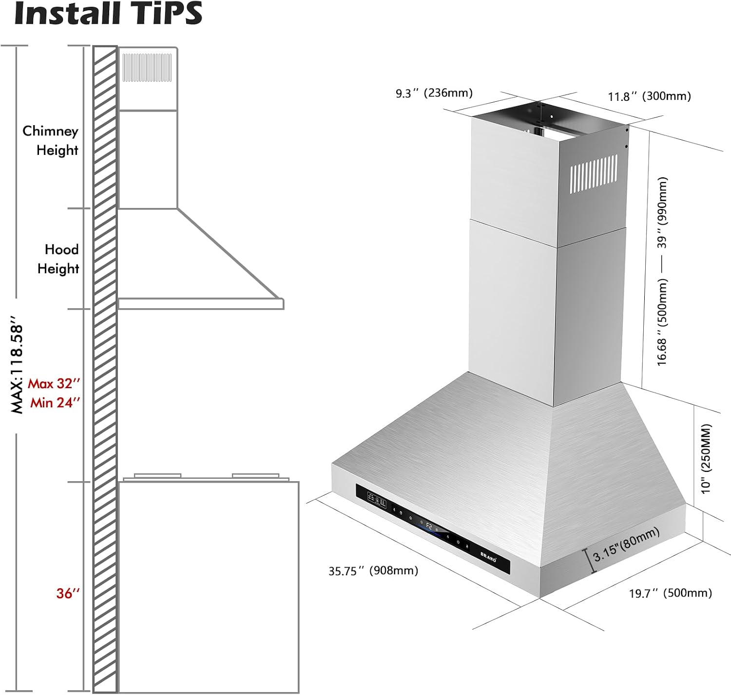 Thumbnail 6 de BRANO Wall-Mount Range Hood, 36-Inch