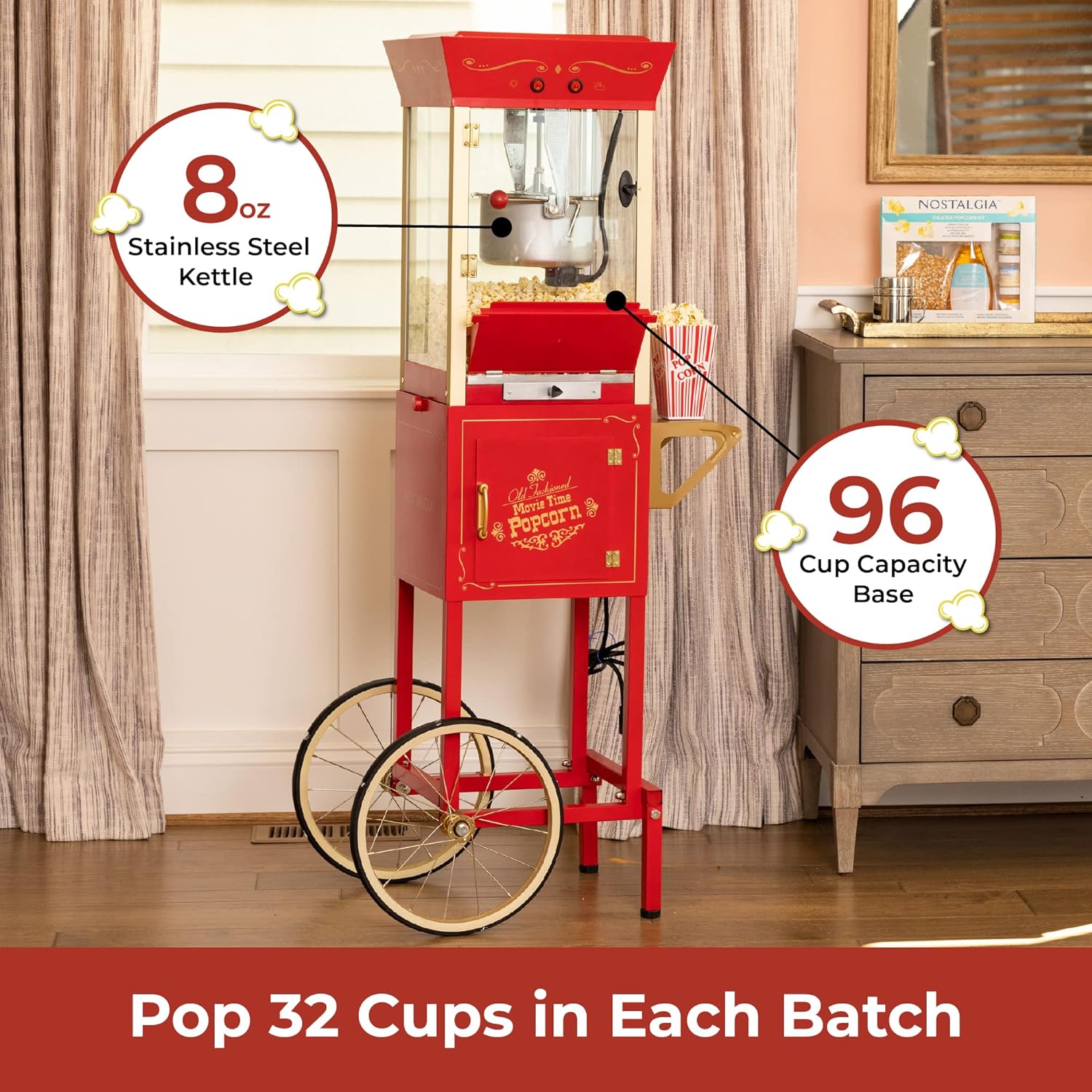 Detalle 2 de Nostalgia Popcorn Maker Machine – Professional Cart with 8 oz Kettle (32 Cups) – Vintage Theater Style in Red