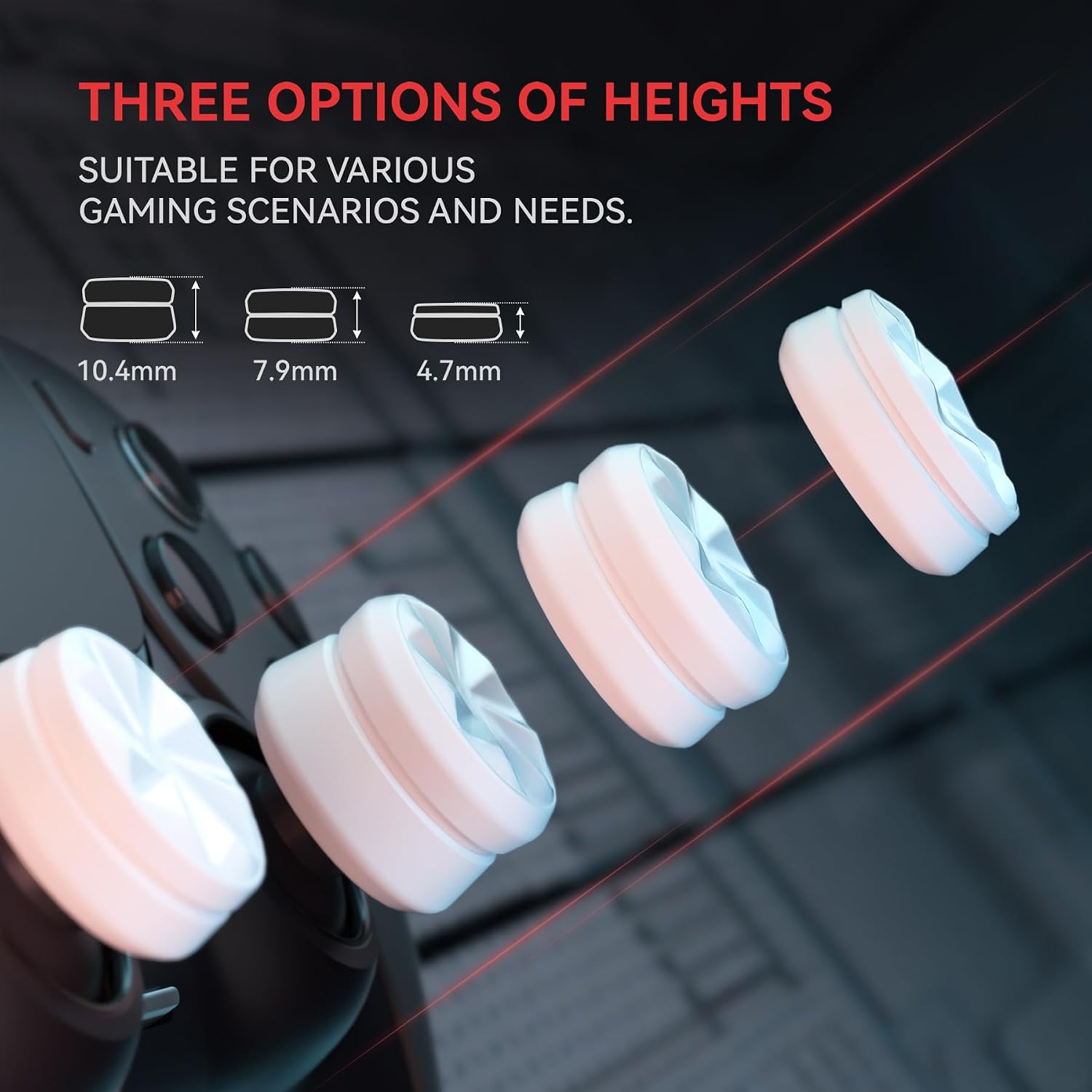 Detalle 2 de PlayVital 3 Height Hurricane thumb grips caps (white) for PS5, PS4, Xbox and Switch Pro controllers