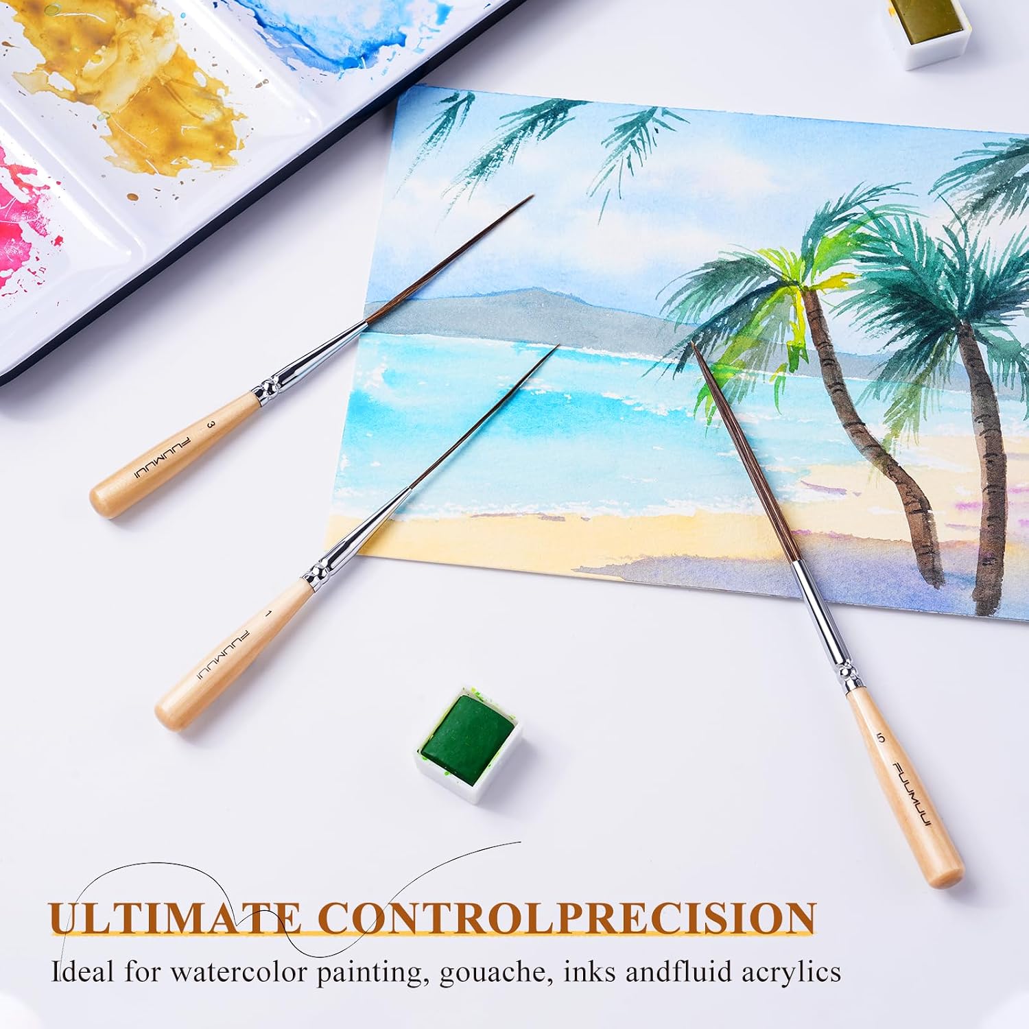 Detalle de Fuumuui 3PCS Long Liner Brush – Natural Ox Hair, UK Design Patent, for Watercolour to Acrylics