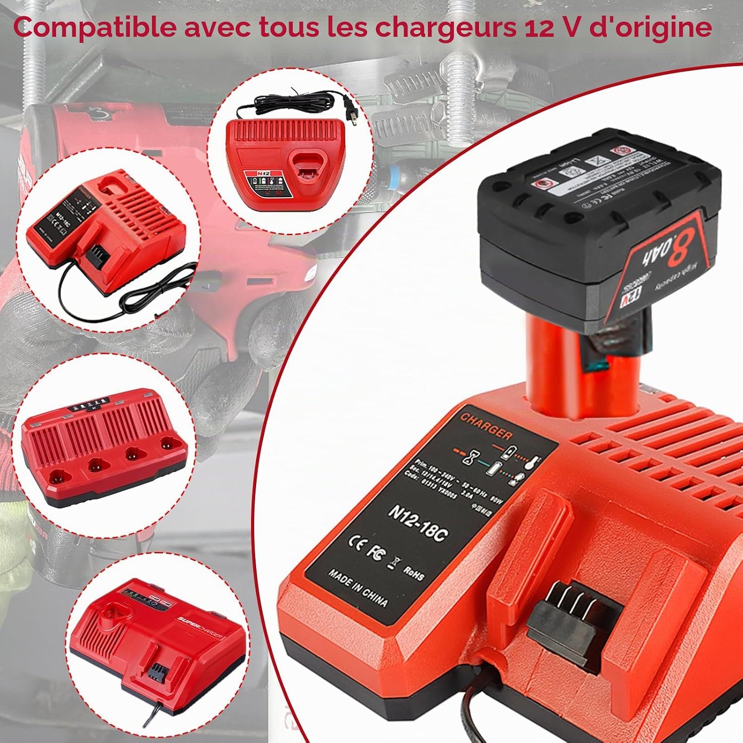 Detalle de Powarobor 2 Pack M12 12V 8.0Ah Li-Ion – Batterie de remplacement compatible Milwaukee 12V