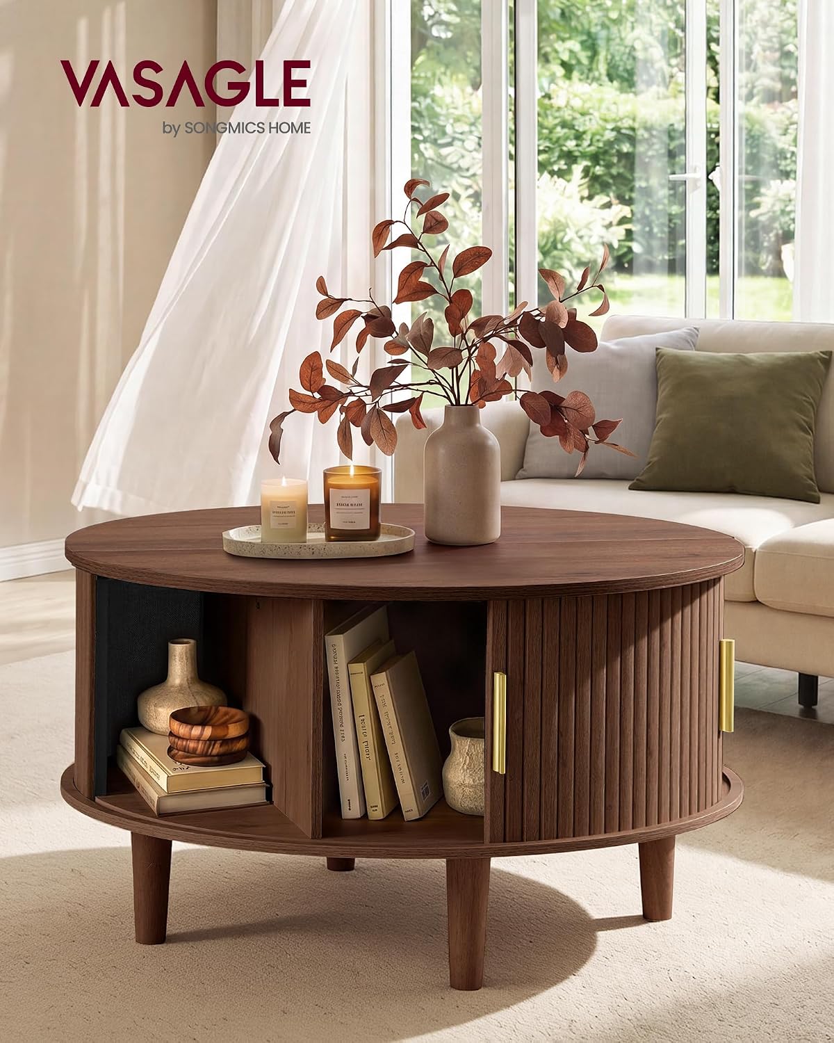 Detalle de VASAGLE ULCT275K201 Round Lift-Top Coffee Table, Chestnut Brown, Fluted Design