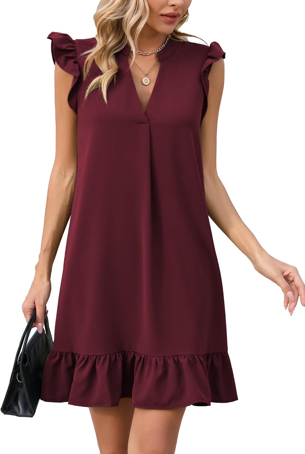 Detalle de Famulily Women’s Solid Colour V Neck Ruffle Trim Cap Sleeve Shift Dress (S–XXL)