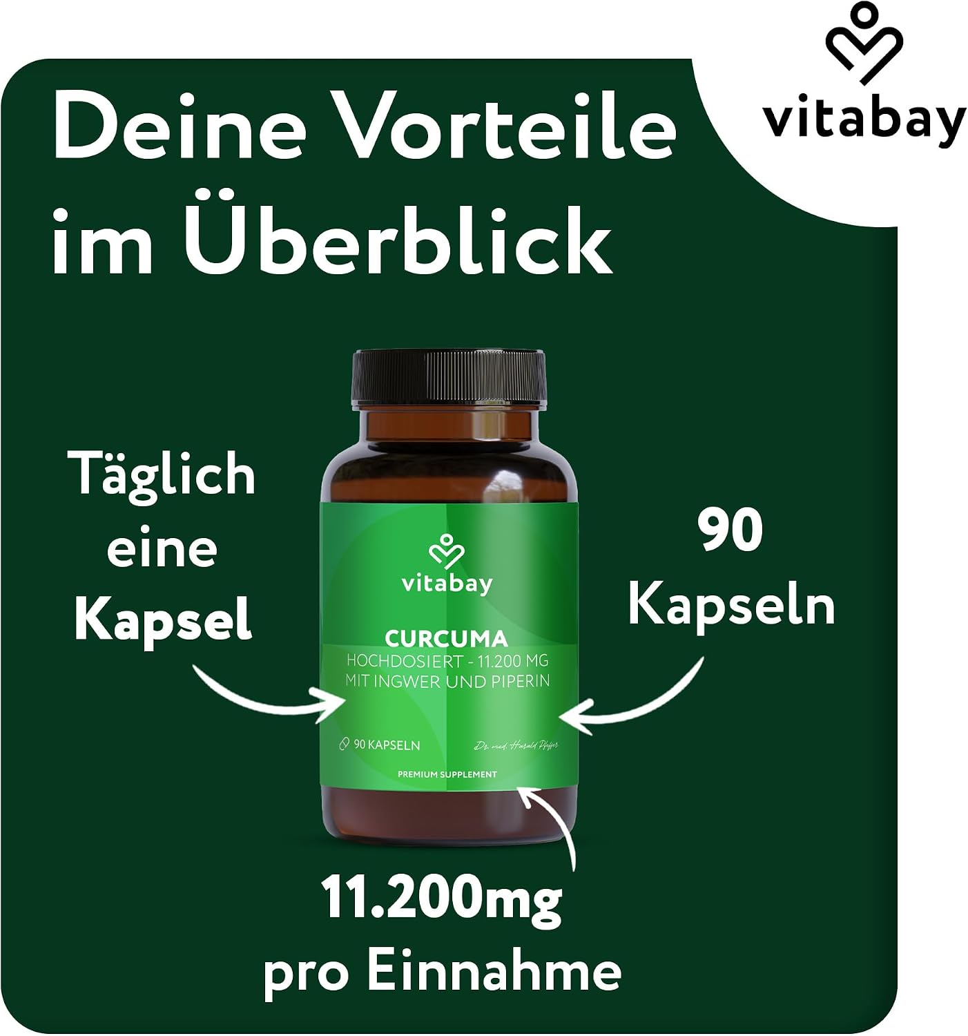 Detalle de Vitabay Kurkuma Kapseln hochdosiert – 90 vegane Kapseln mit Kurkuma-Extrakt (365 mg pro Kapsel)