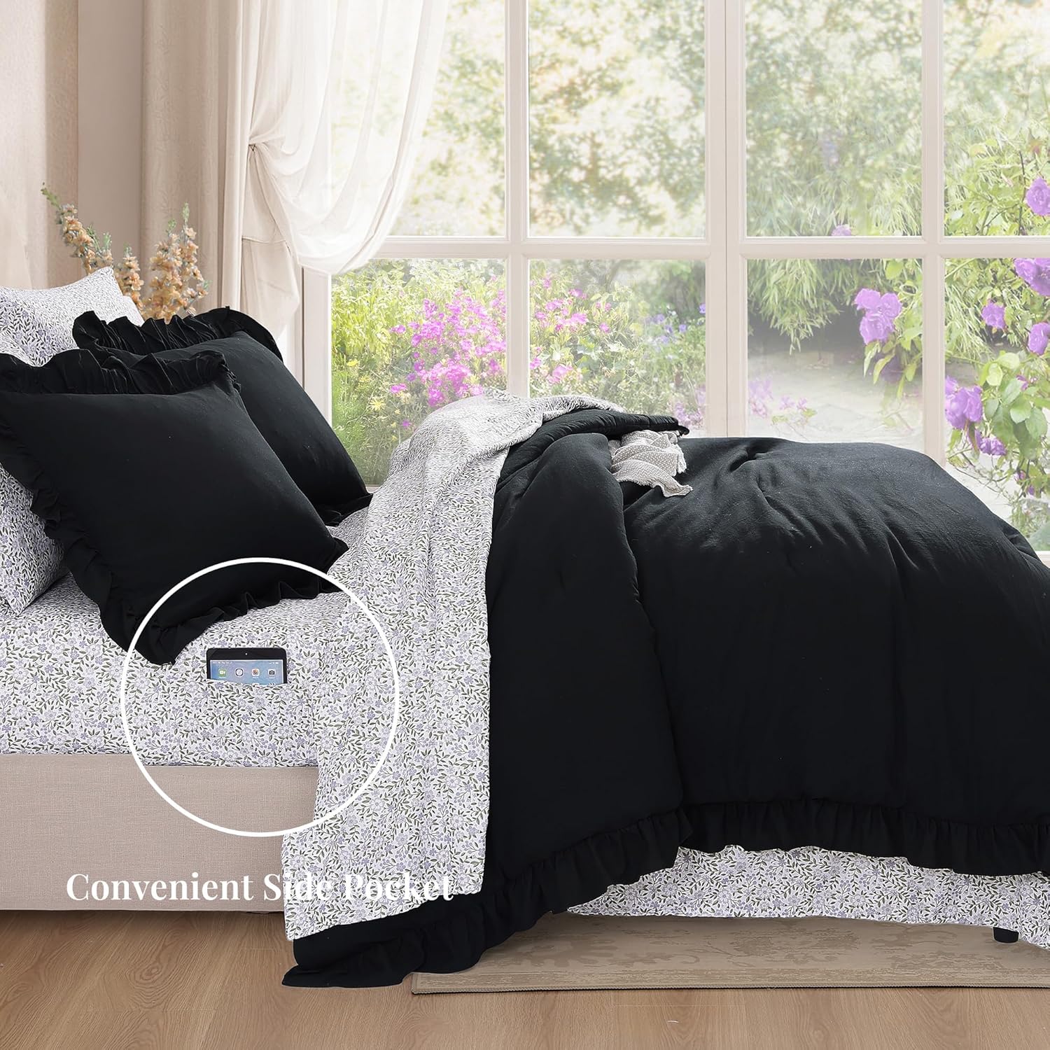 Thumbnail 2 de BLOOMHAVEN Queen Comforter Set - 7 Pieces with Ruffle Edge, Floral Black Bedding