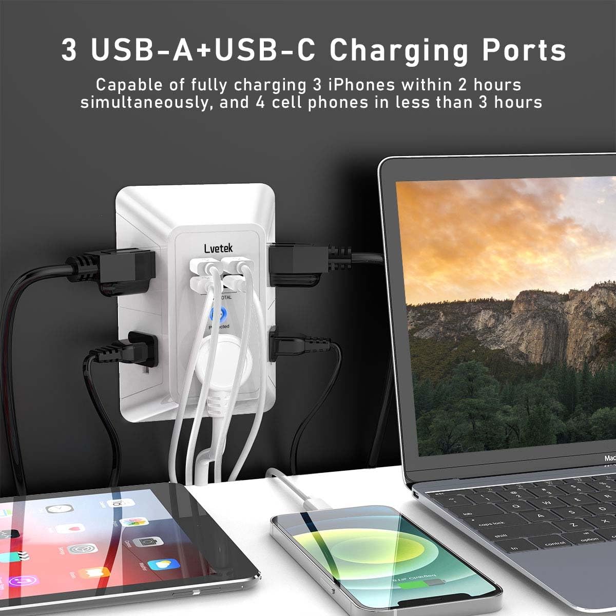 Detalle 2 de Lvetek QF-519F Wall Outlet Extender with 5 Outlets, 4 USB Ports and 1680J