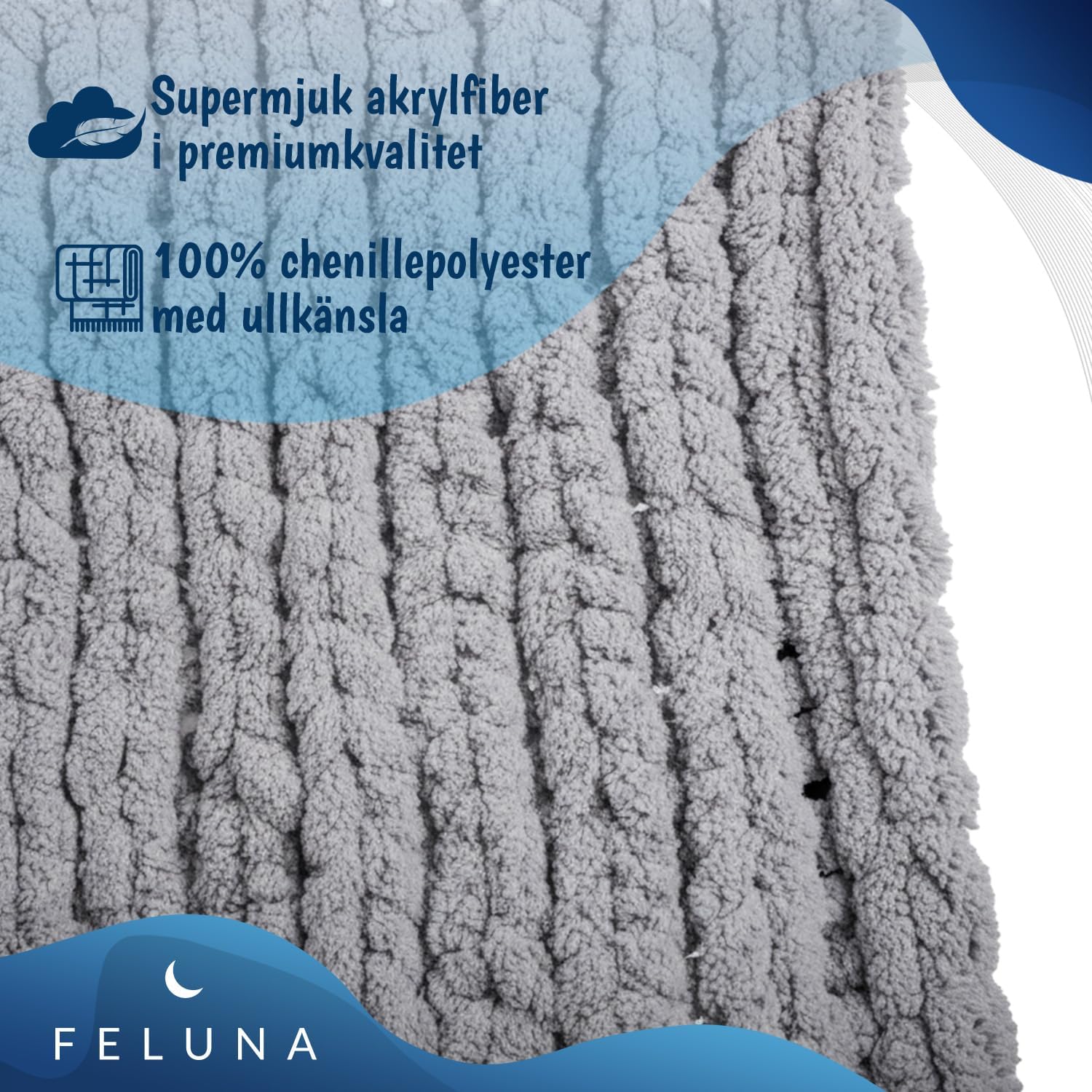 Detalle de Feluna 47136520489 grovstickad filt i ljusgrå chenille, 100 % polyester