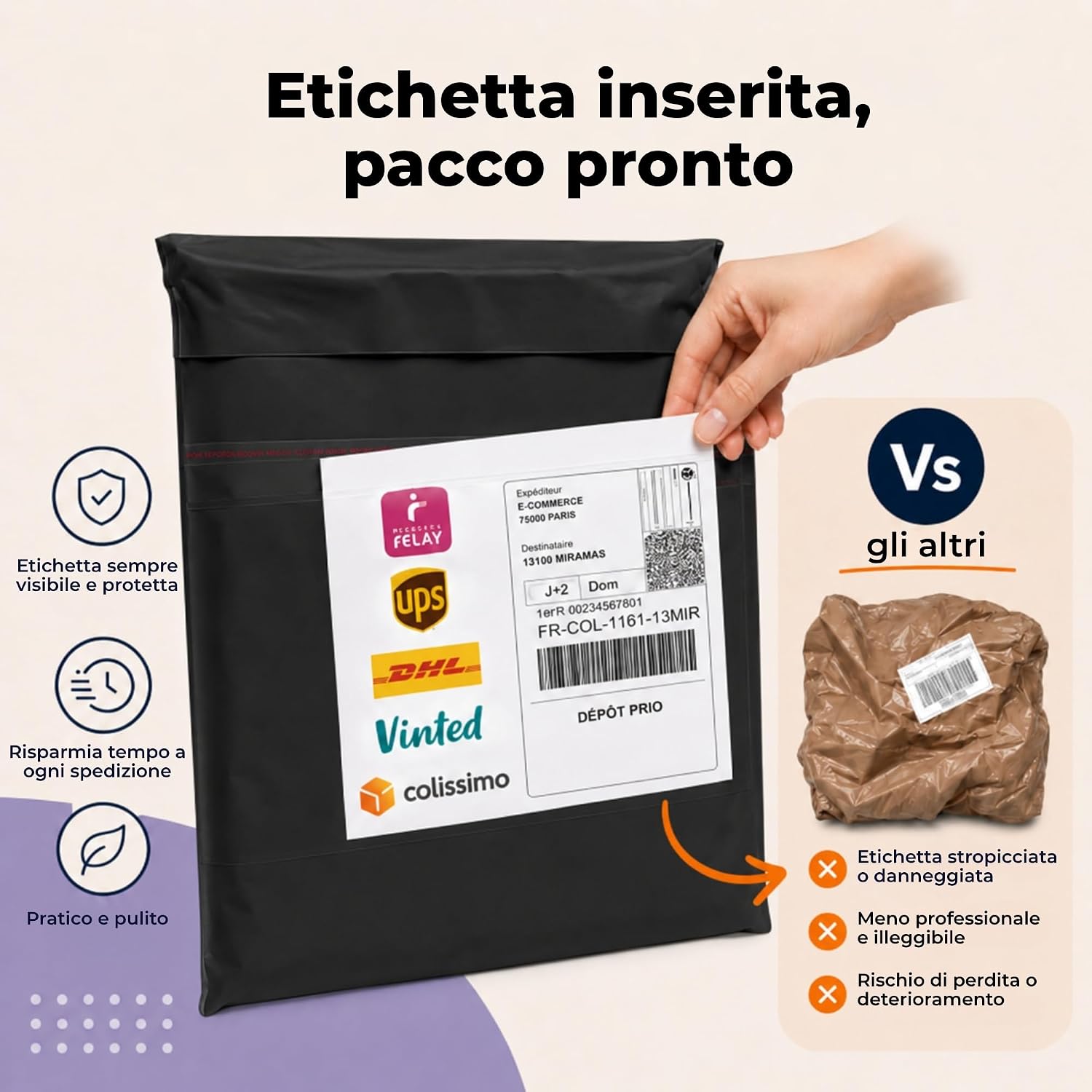 Detalle de Zenacasa – 30 Buste Spedizioni Vinted, Taglie S/M/L, Plastica Opaca, Chiusura Adesiva Sicura