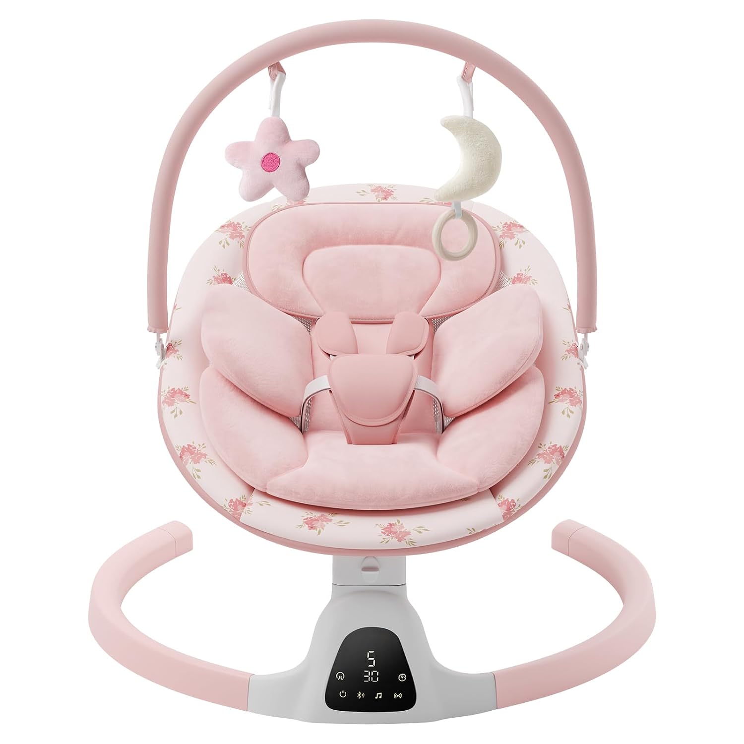 Detalle de MOMZELVI Electric Baby Swing for Infants, 5 Speeds, Bluetooth, Pink Seat Pad