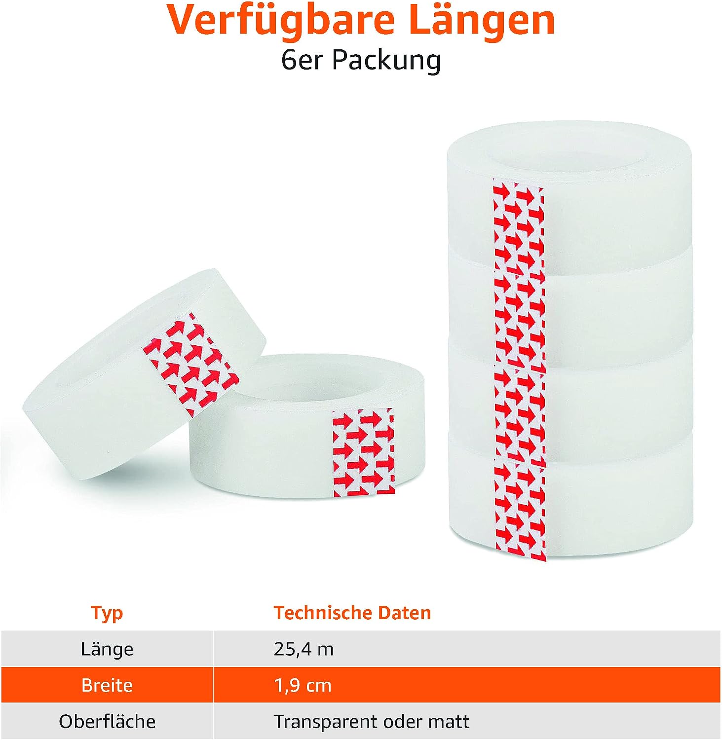 Detalle de Amazon Basics Klebeband matt – Nachfüll-Packung, 6 Rollen, 1,9 cm x 2540 cm, transluzent