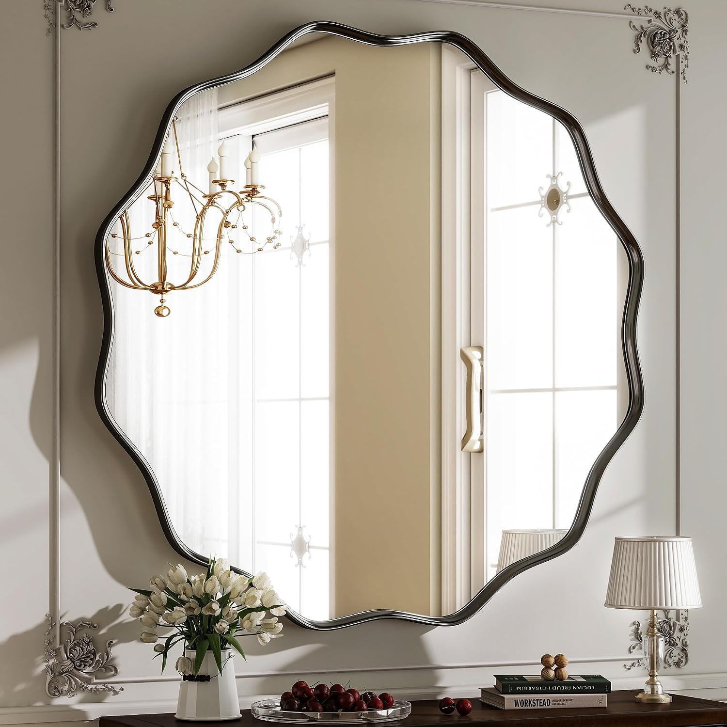 Detalle 1 de HARRITPURE 30" Scalloped Round Wall Mirror, Black Wavy Metal Frame