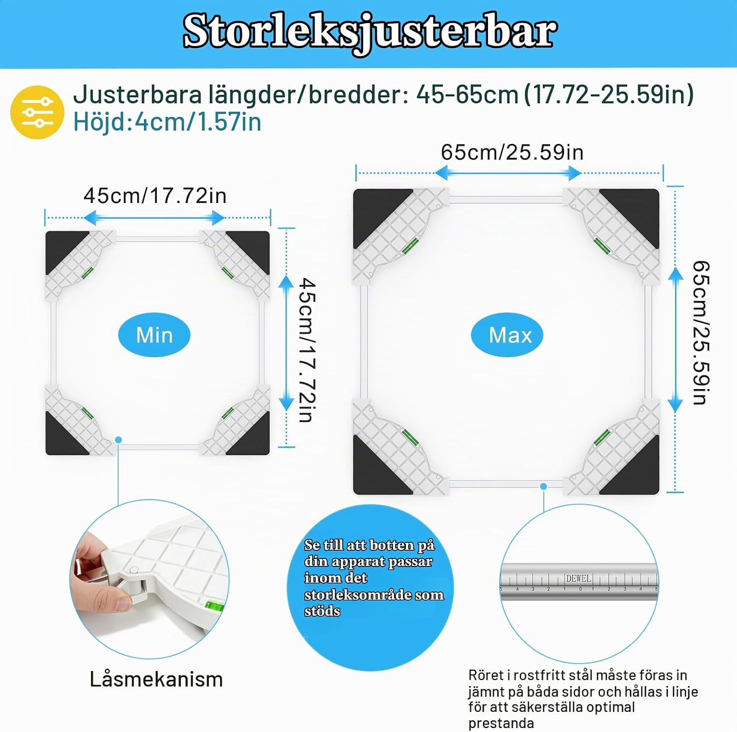 Detalle de DEWEL DW-6328 tvättmaskinsunderrede med 16 hjul, justerbar bredd och låsning