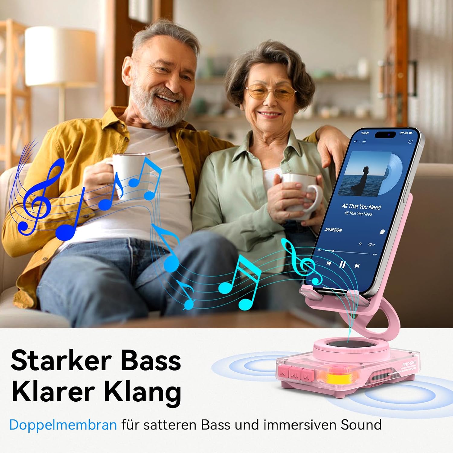 Thumbnail 4 de ANCwear Smartphone-Halter mit Bluetooth-Lautsprecher – 5W Klang, microSD-Musik, verstellbarer Ständer (Weiches Rosa)