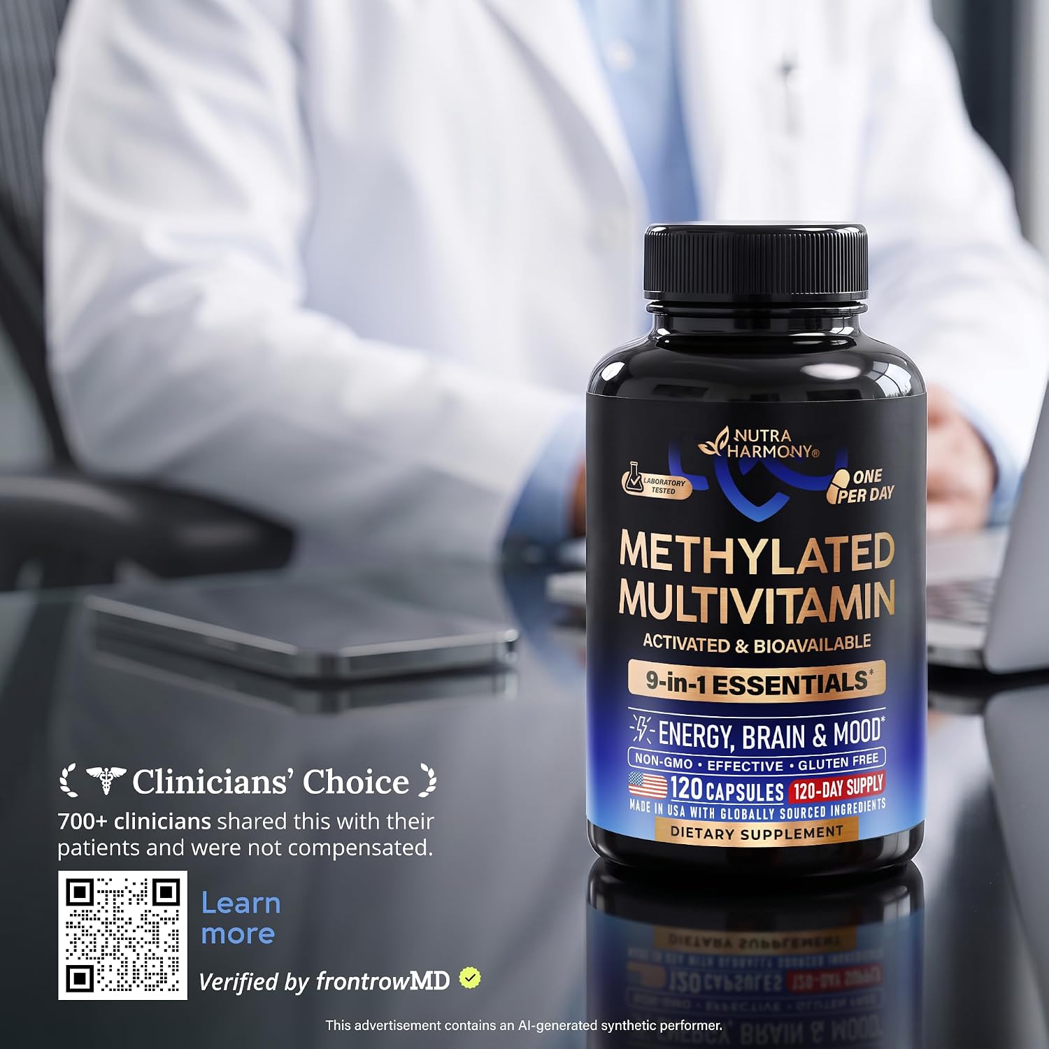 Detalle de NUTRAHARMONY 9-in-1 Methylated Multivitamin, 120 Capsules with TMG, 5MTHF & B12