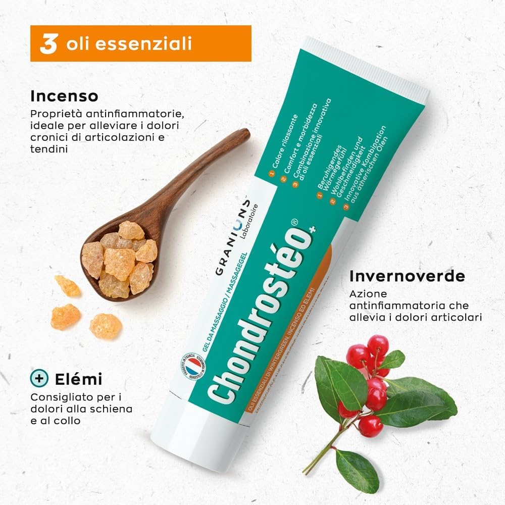 Detalle de Chondrostéo+ Gel Riscaldante per Massaggi, 100 ml – Olio essenziale di Gaultheria, Incenso ed Elemi