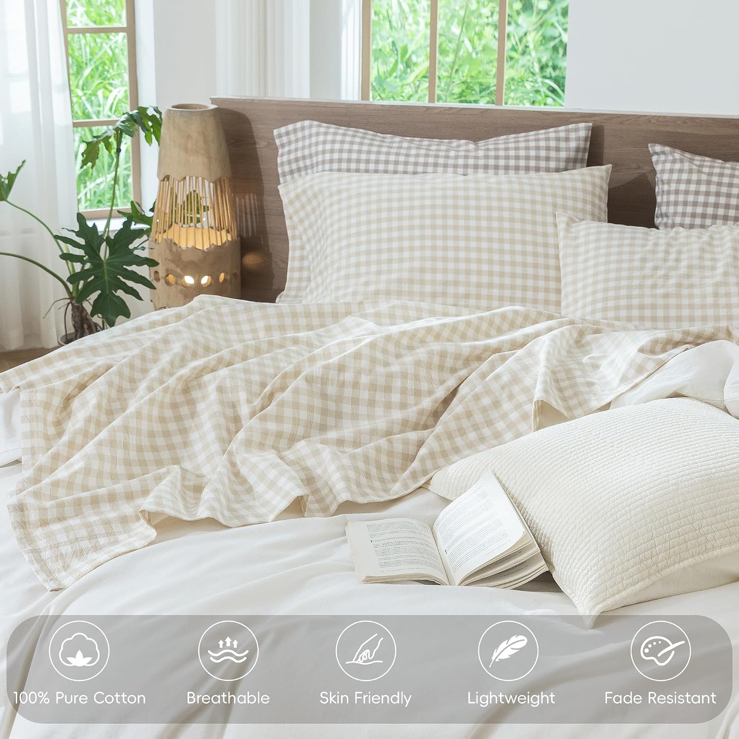 Detalle de MOOMEE MooMee Gingham Sheet Set (Queen) — 100% Washed Cotton, Linen-Like Texture, Deep 16–19" Pocket