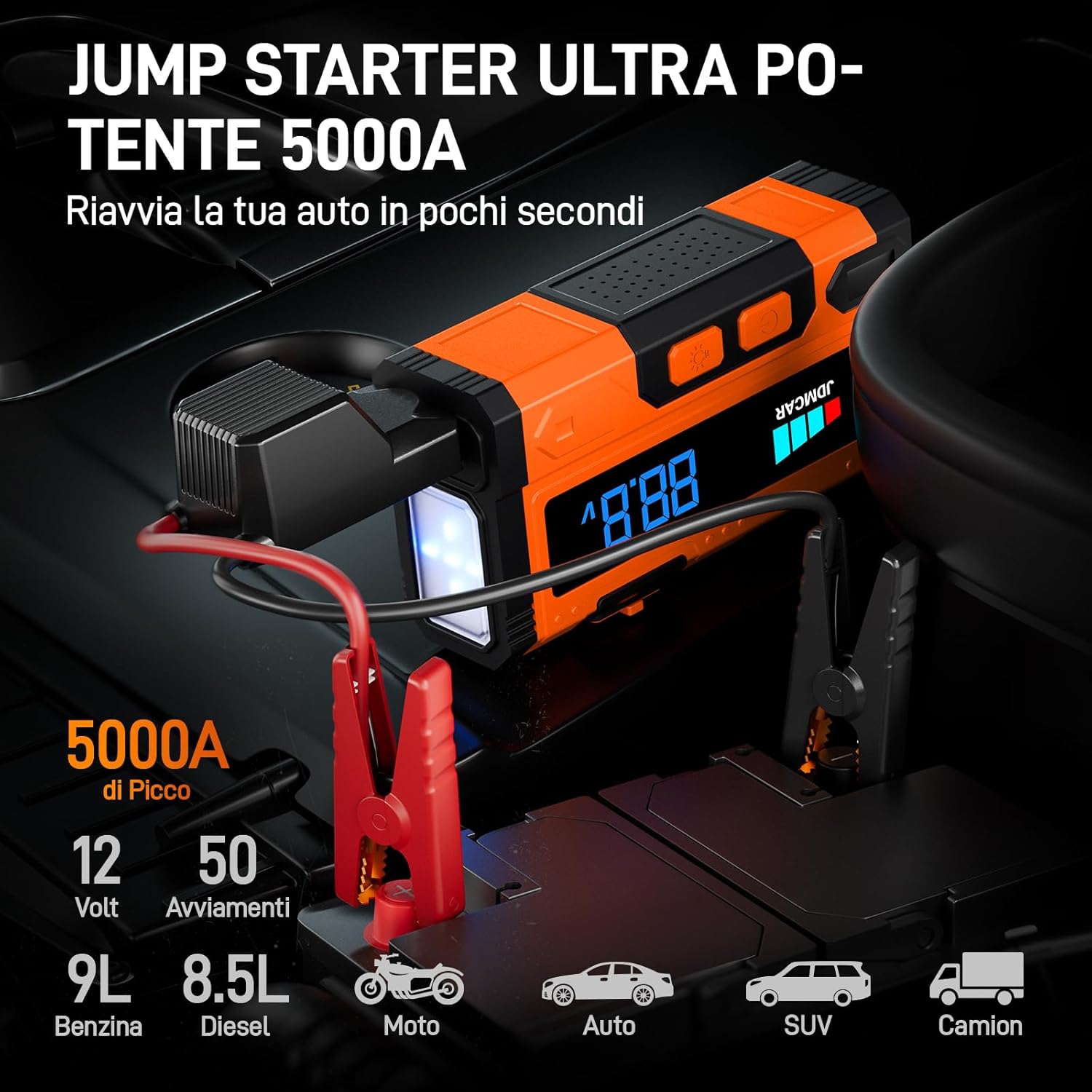 Detalle de JDMCAR 9000A Booster Avviamento Auto – Avviatore Batteria Portatile 12V con LCD, 9.0L Benzina / 8.5L Diesel