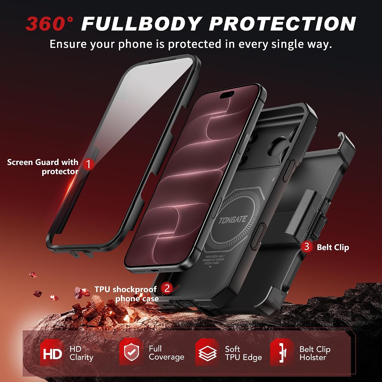 Detalle de TONGATE TON-iPhone 18 Pro Max Phone Case with MagSafe Stand and Belt Clip