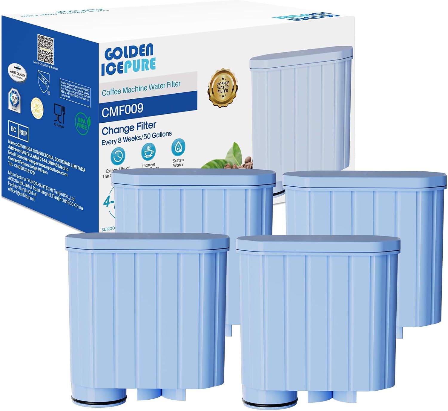 Detalle de GOLDEN ICEPURE CMF009 waterfilters voor koffiemachines, actieve kool, set van 4