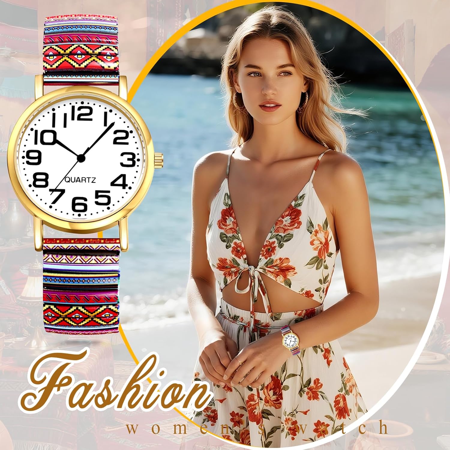 Thumbnail 5 de OIDEA Damen-Armbanduhr Boho Bohemian mit elastischem Edelstahlband (Quarz, großes arabisches Zifferblatt)