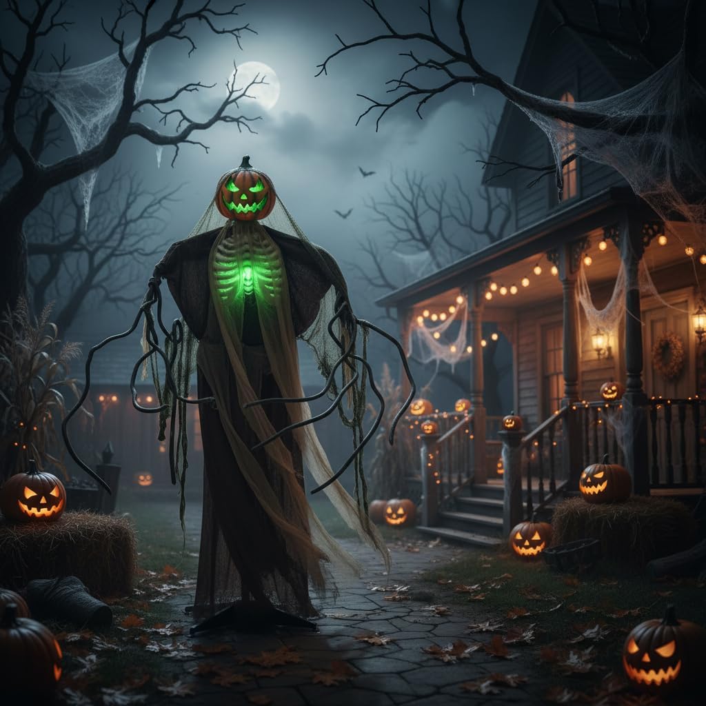 Detalle de Tangkula AM14282HM 6-Foot Halloween Animatronic Pumpkin Scarecrow with Sound and Lights