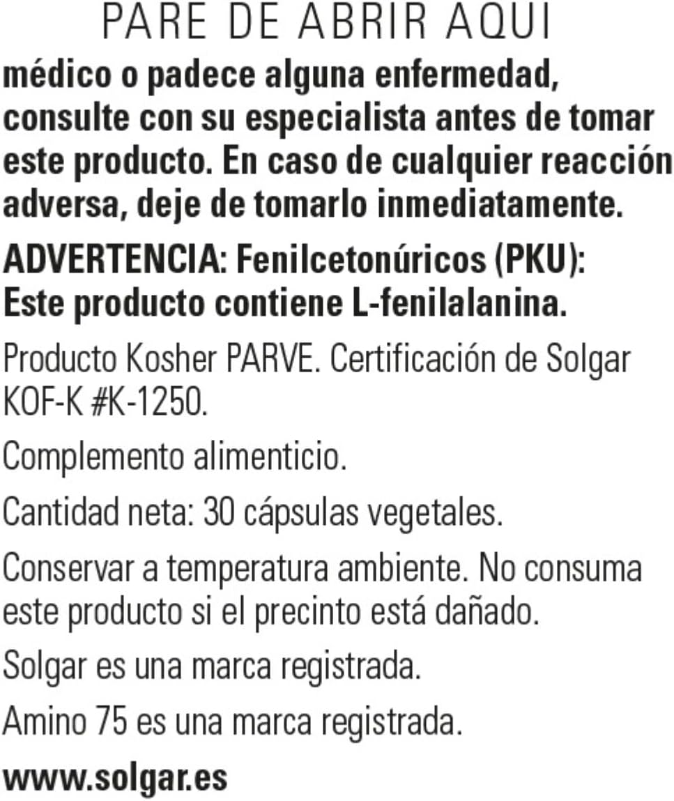 Thumbnail 2 de Solgar Amino 75 | Aminoácidos Esenciales 🌱 | 30 Cápsulas