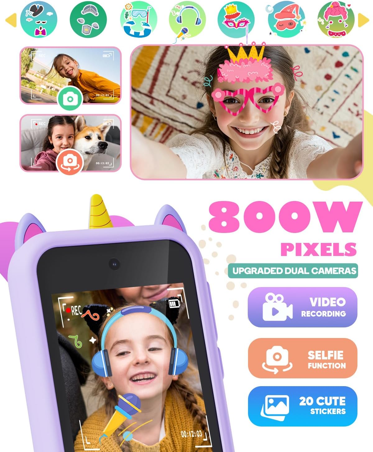 Thumbnail 2 de Kids Phone Toys 2.8" dual-camera touchscreen learning toy (8GB SD card) – purple