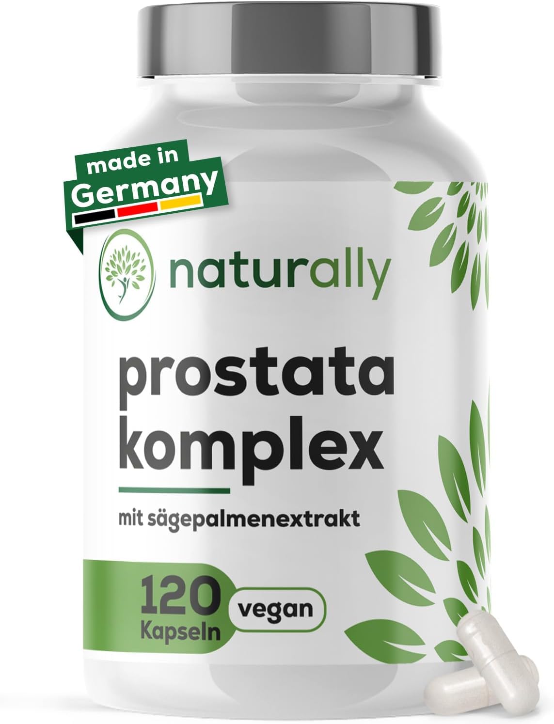 Detalle de Naturally Prostata Komplex Kapseln hochdosiert (120 Stück) – Prostata-Gesundheit mit Kürbiskern, Sägepalme, Brennnessel, Vitamin E, Zink und Selen