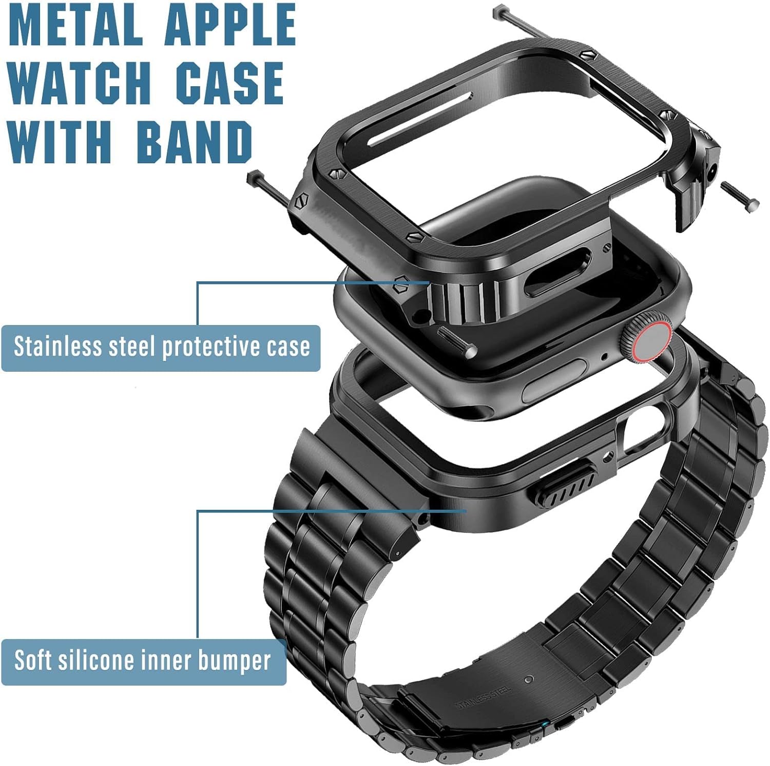 Thumbnail 2 de MioHHR Stainless Steel Watch Band with Case for Apple Watch (38–49mm) – Rugged Metal Cover, 316 Stainless Steel