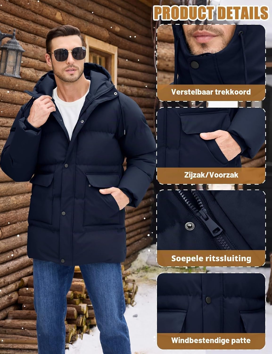 Thumbnail 3 de Xnova lange gewatteerde herenwinterjas met capuchon en opgestikte zakken