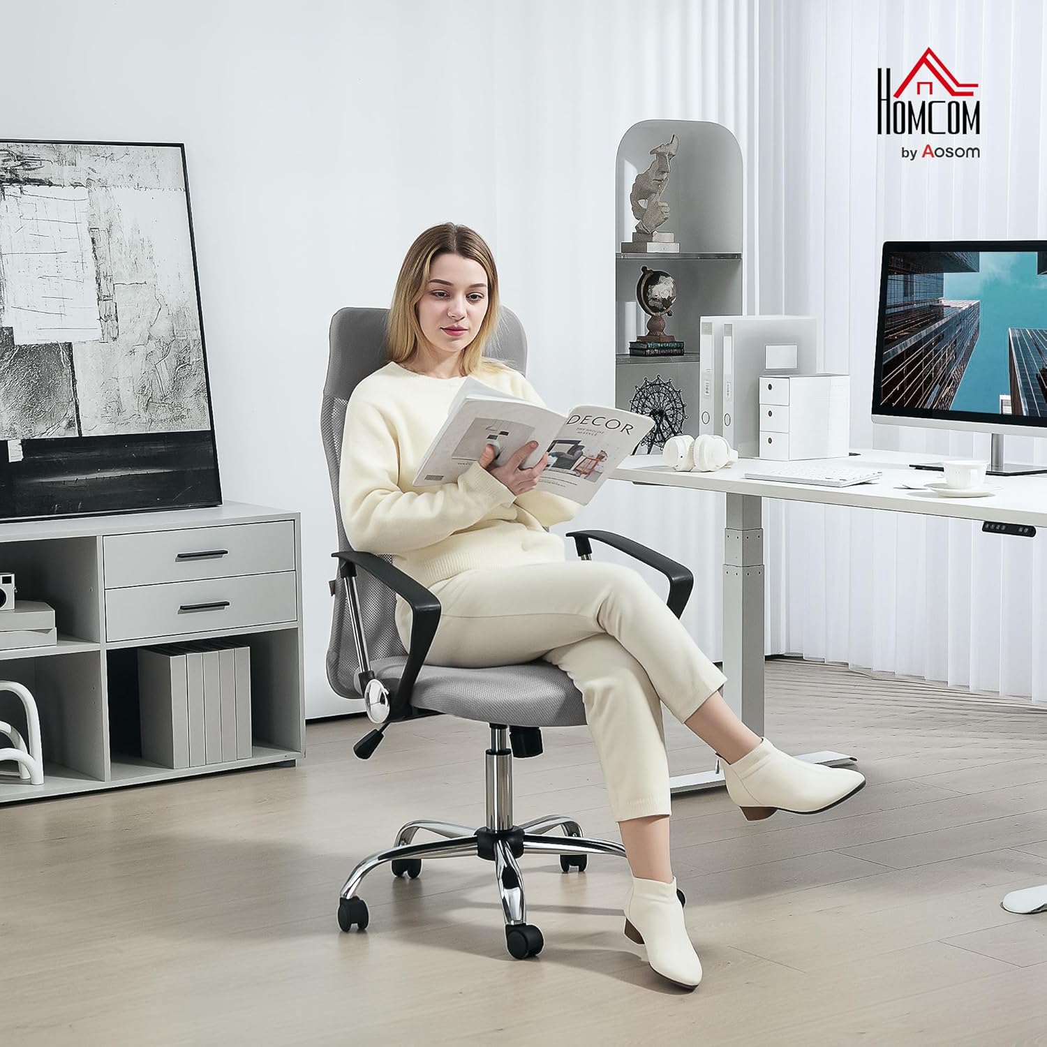 Thumbnail 1 de HOMCOM Fauteuil de bureau manager grand confort avec dossier ergonomique, assise réglable et pivotante (tissu maille gris)