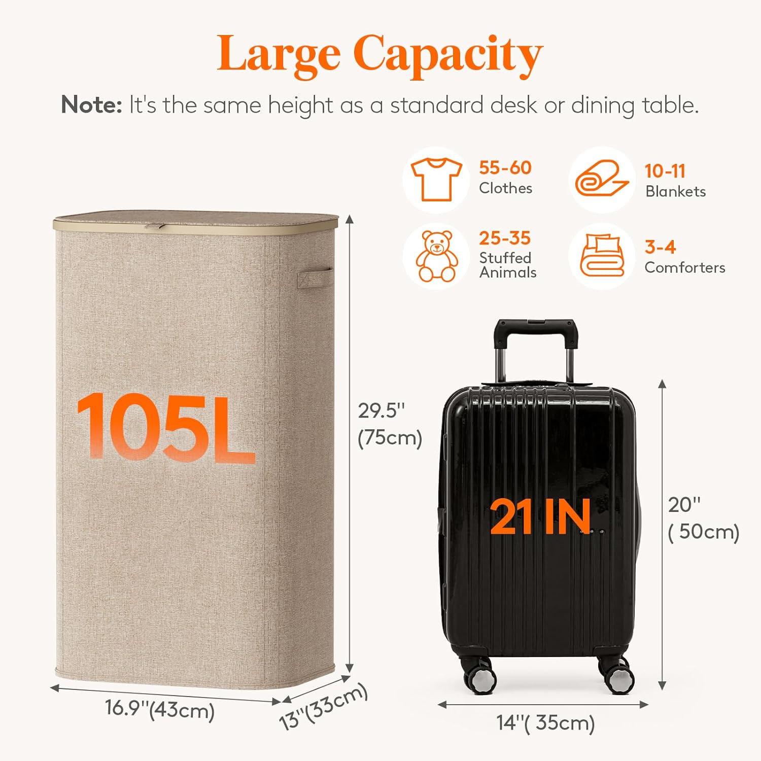 Thumbnail 2 de Lifewit 105L Large Laundry Basket with Lid (Removable Bag, Foldable, Handles) — Beige