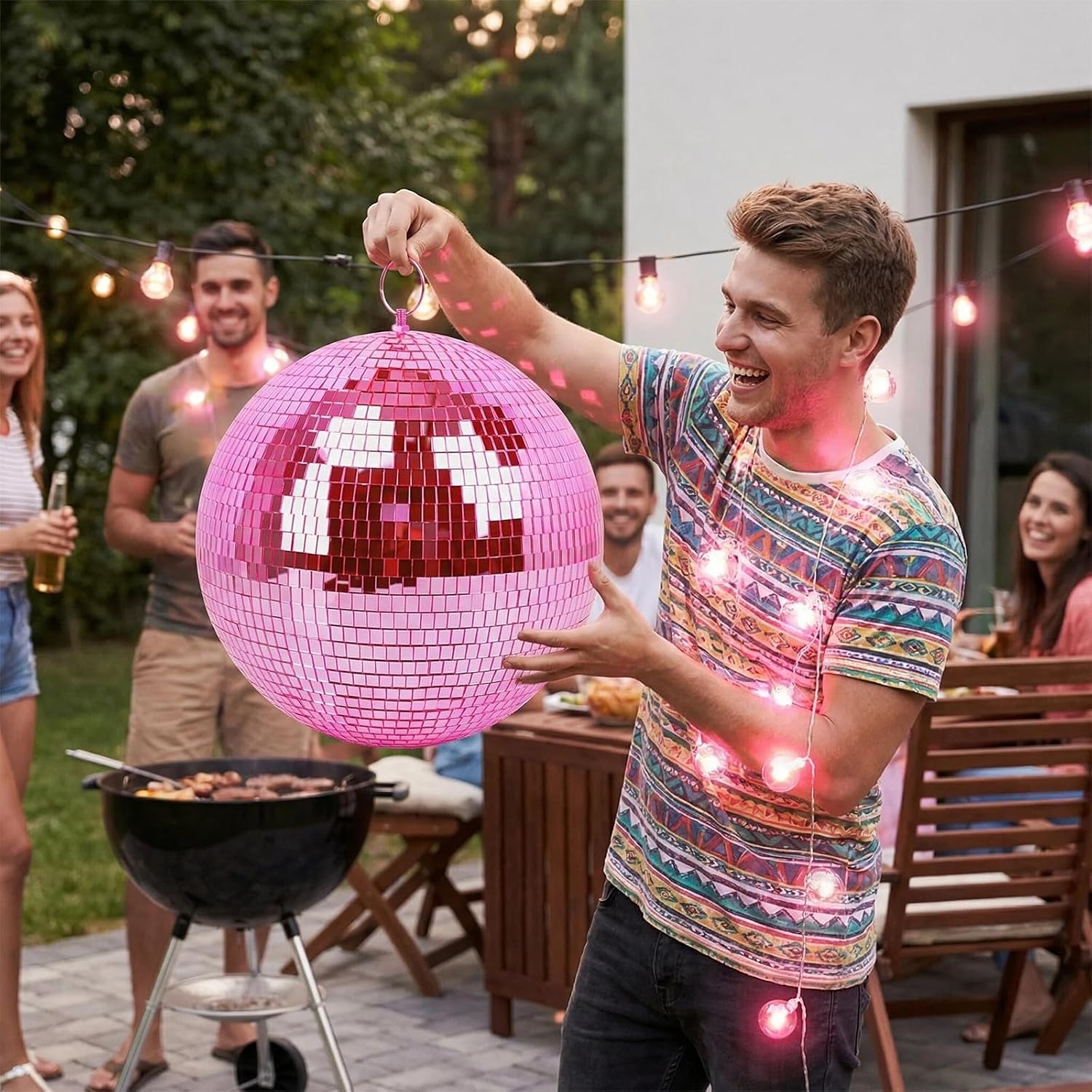 Detalle 2 de Muscab 12-Inch Pink Disco Ball with Hanging Ring, 95% Glass Mirror