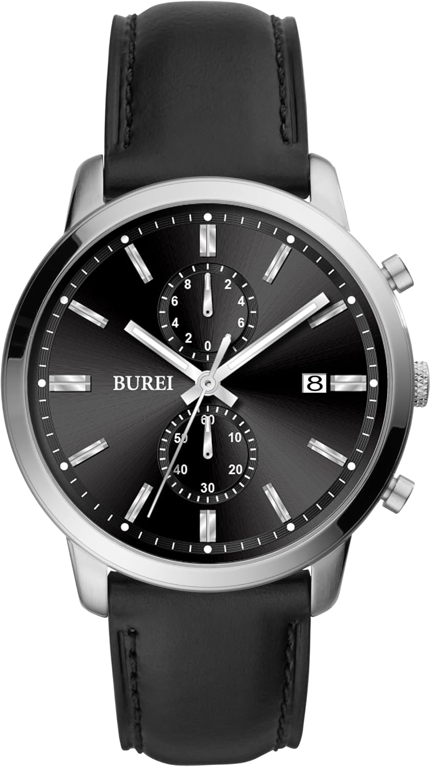 Detalle de BUREI Herren Chronograph Uhr Blau Leder
